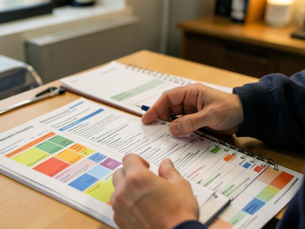 Protocolos de avaliação impressos sobre a mesa de trabalho