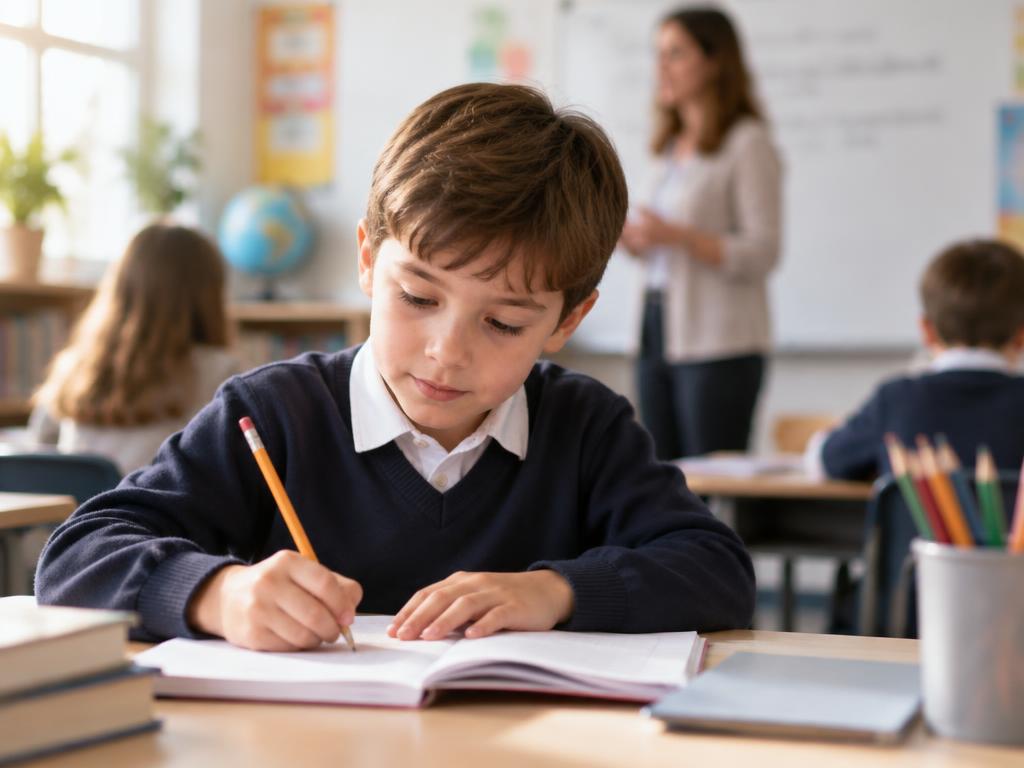 Estudante em sala de aula com professora ao fundo